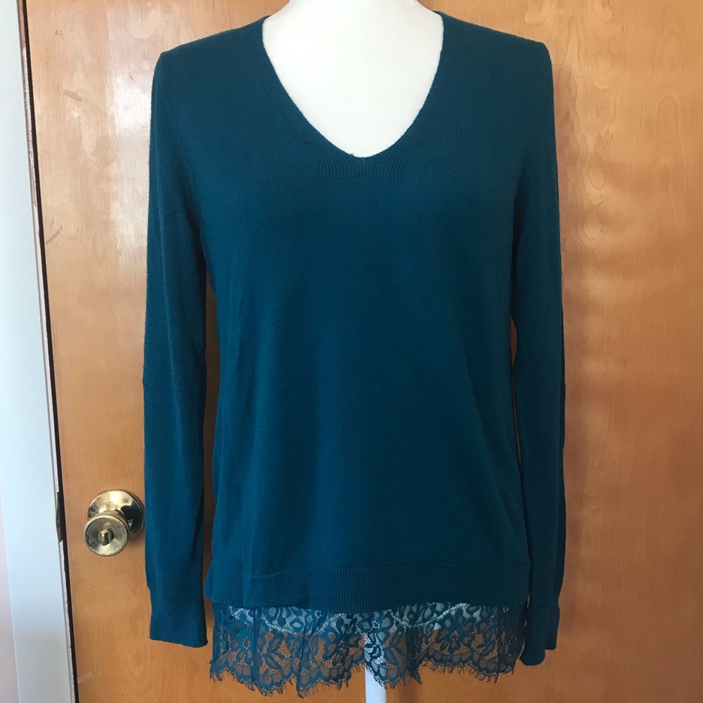 Ann Taylor Teal Lace Trim Sweater Size Medium - Picture 2 of 7